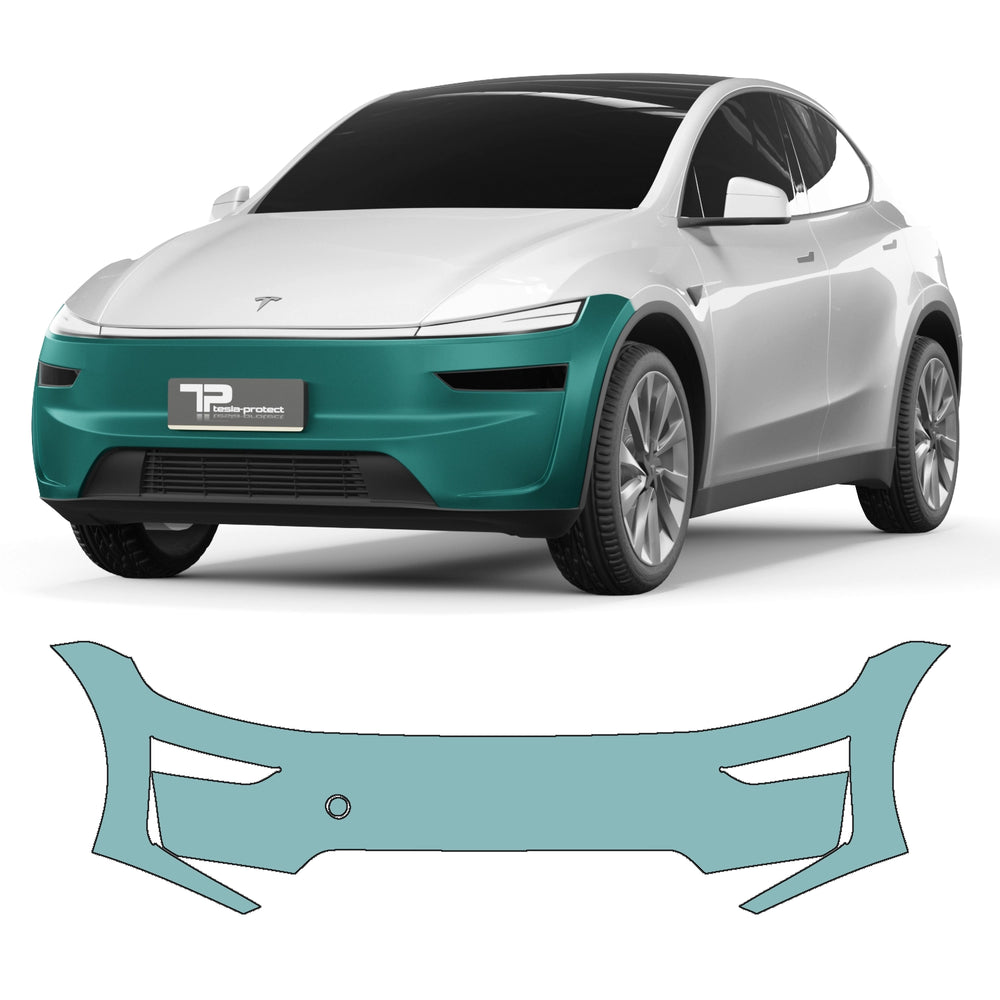 Tesla Model Y “Juniper” con paraurti evidenziato e la relativa sagoma di taglio