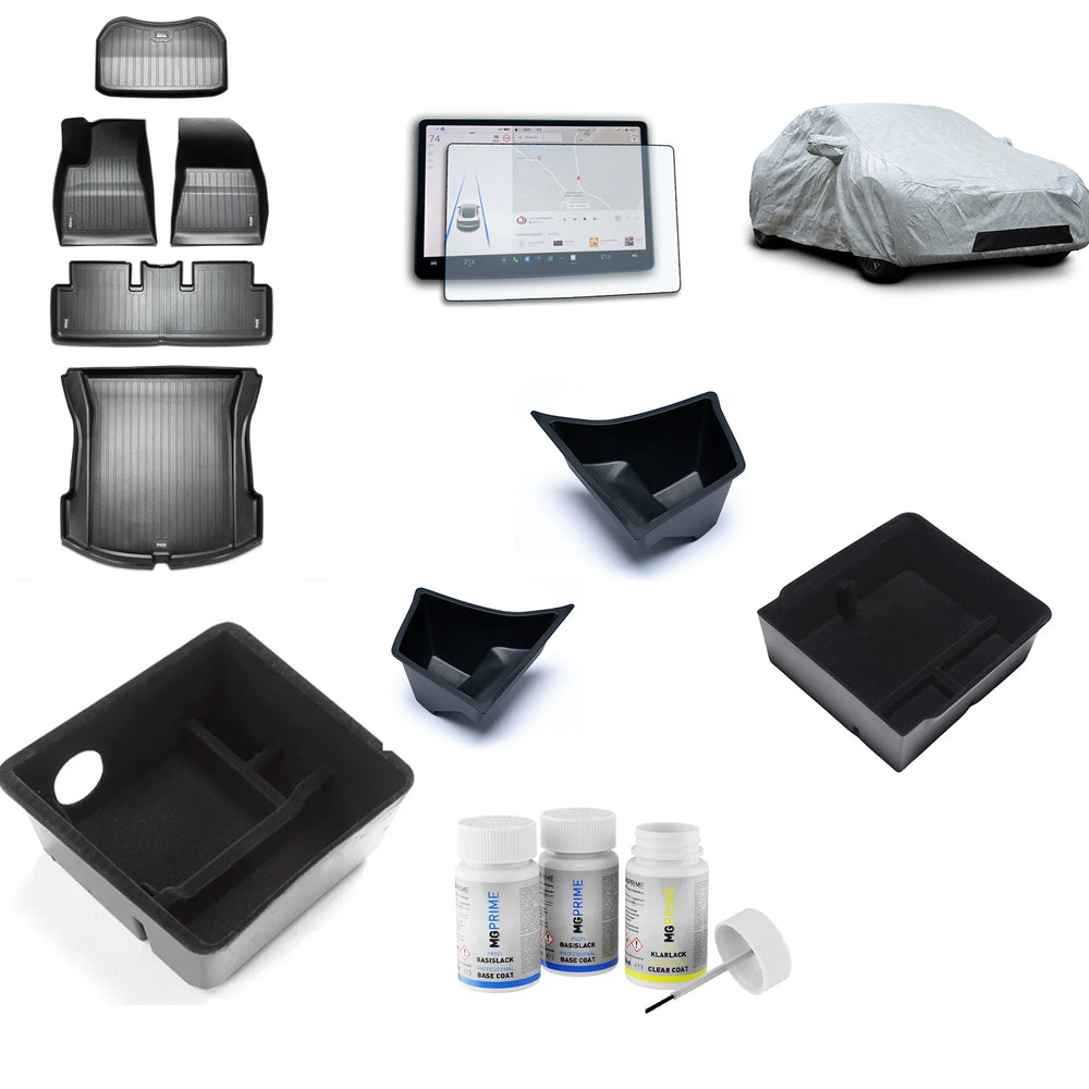 Accessori Tesla-Protect: tappetini, protezione display, vani portaoggetti, telo copriauto e penna per ritocco vernice