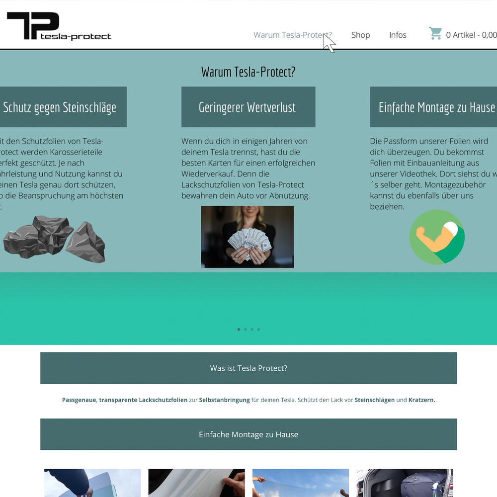 Screenshot della prima versione del negozio online tesla-protect.at